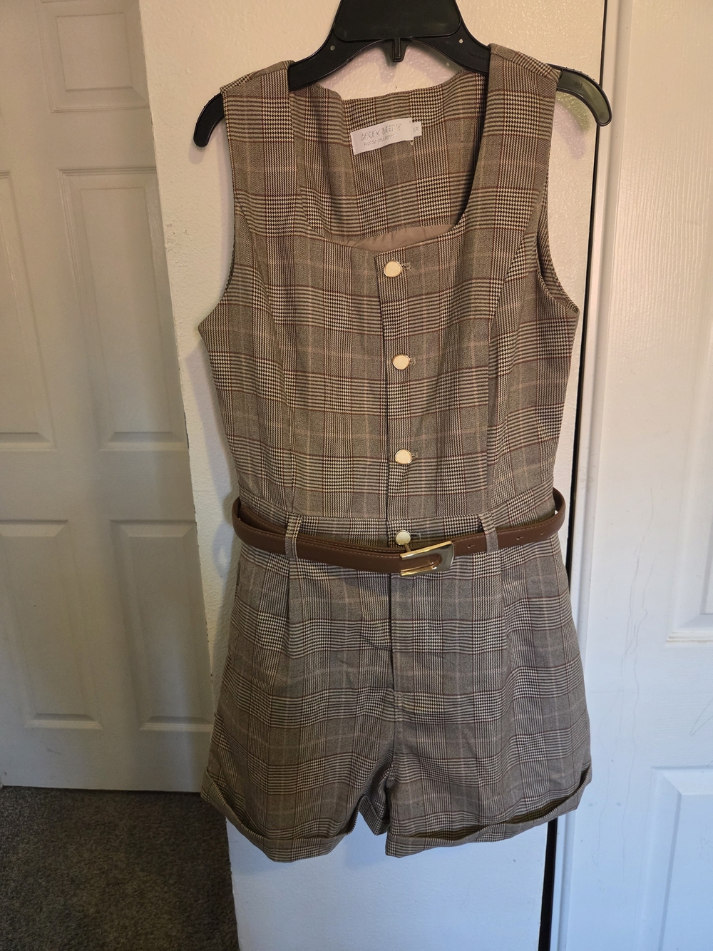 Sleeveless Plaid Romper with Brown Belt - Beige Plaid